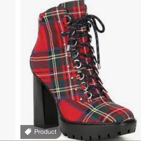 Ambelynn Plaid Heeled Hiker Lug Sole Combat Bootie - Picture 3 of 12